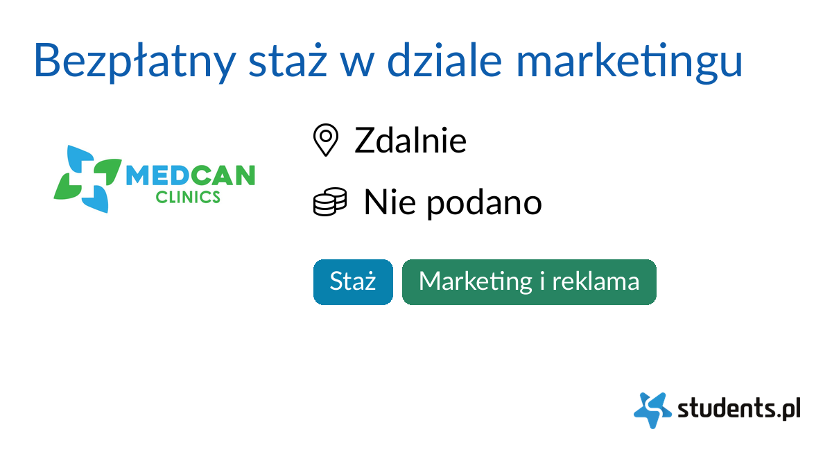 Bezpłatny staż w dziale marketingu w MedCan Clinics, Zdalnie - Oferty