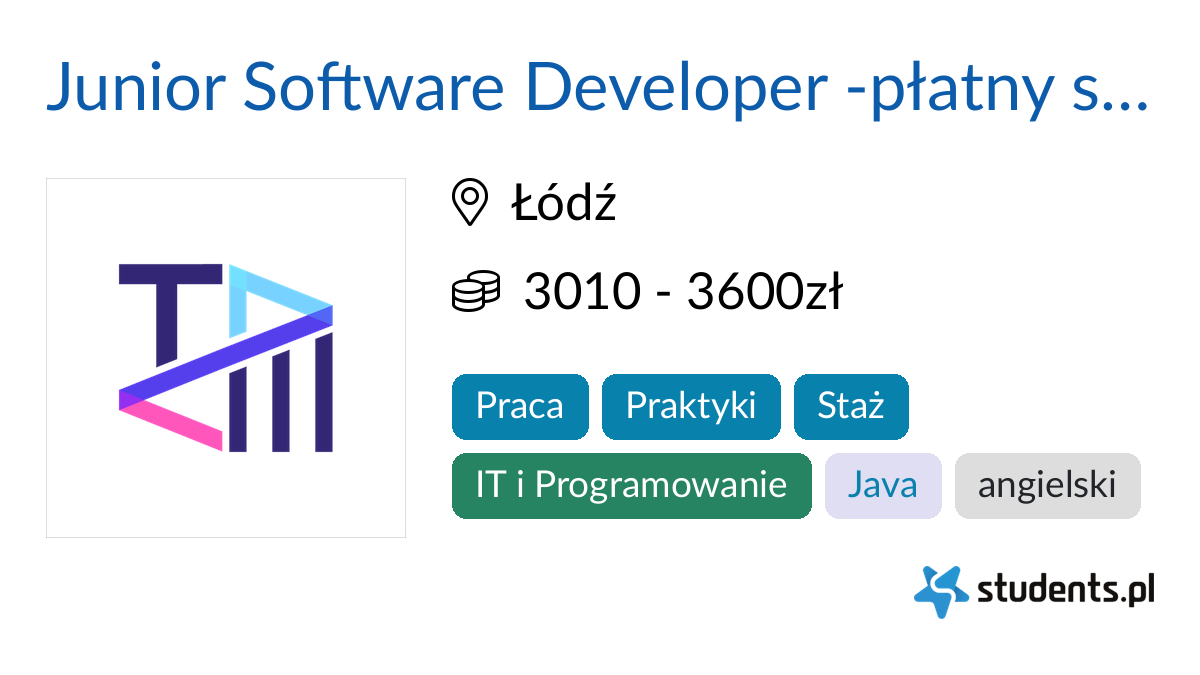 Junior Software Developer -płatny staż (zdalnie) w TDCM.io, Łódź - Oferty