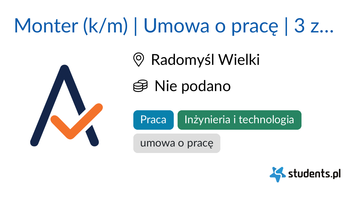 Monter (k/m) | Umowa o pracę | 3 zmiany w Aplikuj.pl, Radomyśl Wielki ...