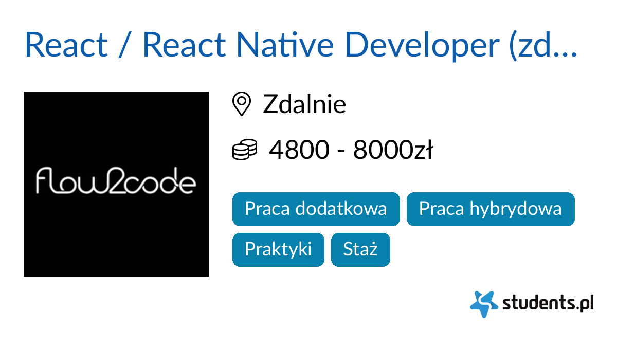 React / React Native Developer (zdalnie) w Flow2Code, Zdalnie - Oferty